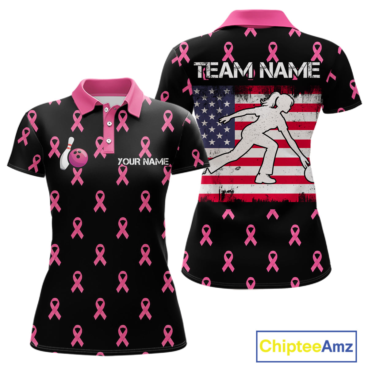 Custom Pink Ribbon Women Bowling Shirt, American Flag Breast Cancer Awareness Polo Gift For Bowler NHT1623