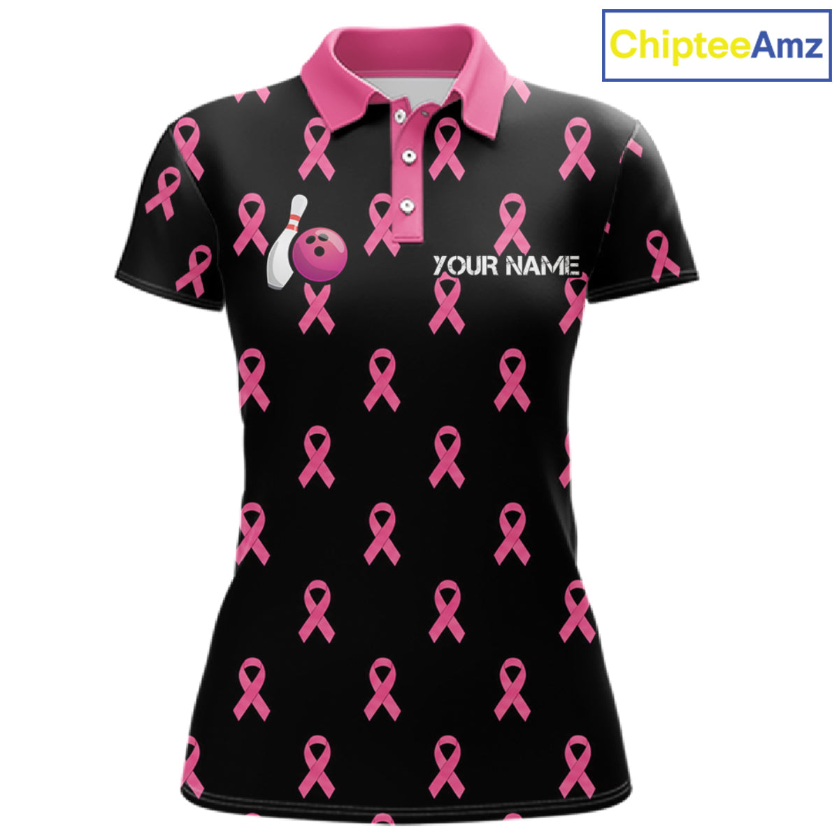 Custom Pink Ribbon Women Bowling Shirt, American Flag Breast Cancer Awareness Polo Gift For Bowler NHT1623