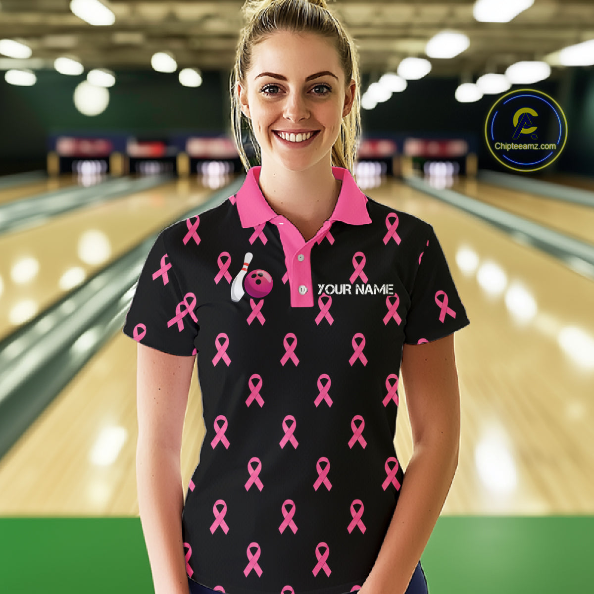 Custom Pink Ribbon Women Bowling Shirt, American Flag Breast Cancer Awareness Polo Gift For Bowler NHT1623