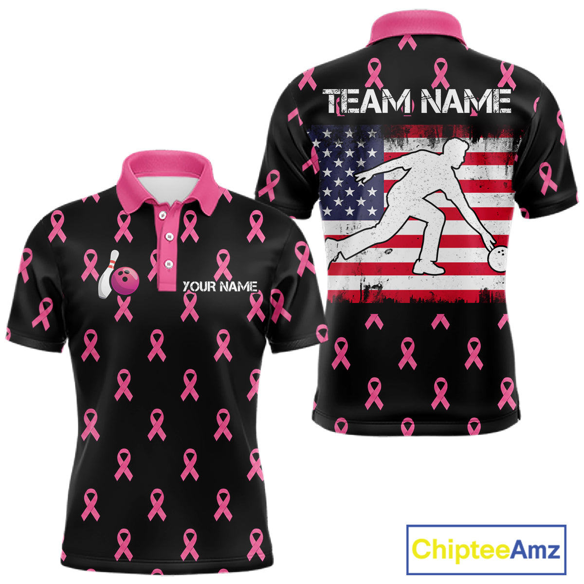 Custom Pink Ribbon Men Bowling Shirt, American Flag Breast Cancer Awareness Polo Gift For Bowler NHT1623