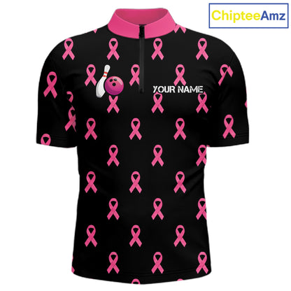 Custom Pink Ribbon Men Bowling Shirt, American Flag Breast Cancer Awareness Polo Gift For Bowler NHT1623