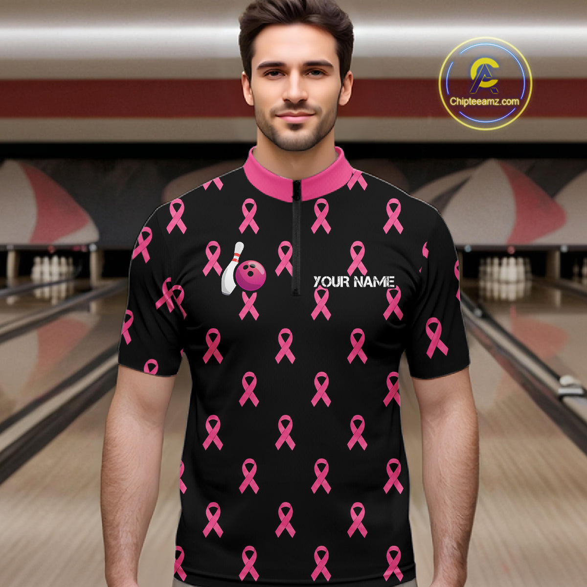 Custom Pink Ribbon Men Bowling Shirt, American Flag Breast Cancer Awareness Polo Gift For Bowler NHT1623