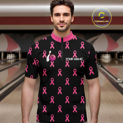 Custom Pink Ribbon Men Bowling Shirt, American Flag Breast Cancer Awareness Polo Gift For Bowler NHT1623