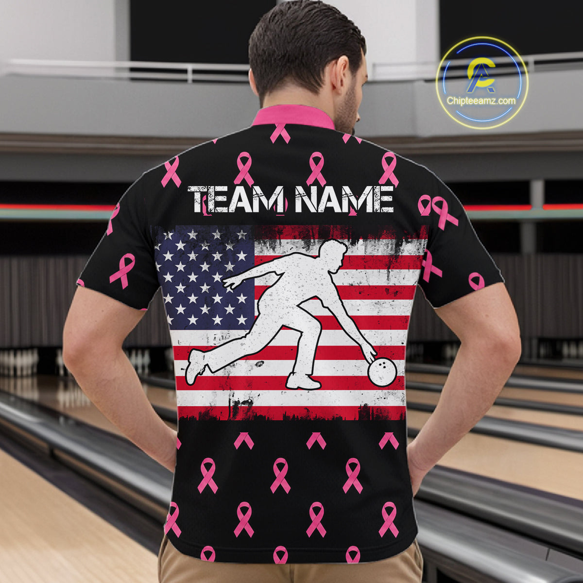 Custom Pink Ribbon Men Bowling Shirt, American Flag Breast Cancer Awareness Polo Gift For Bowler NHT1623