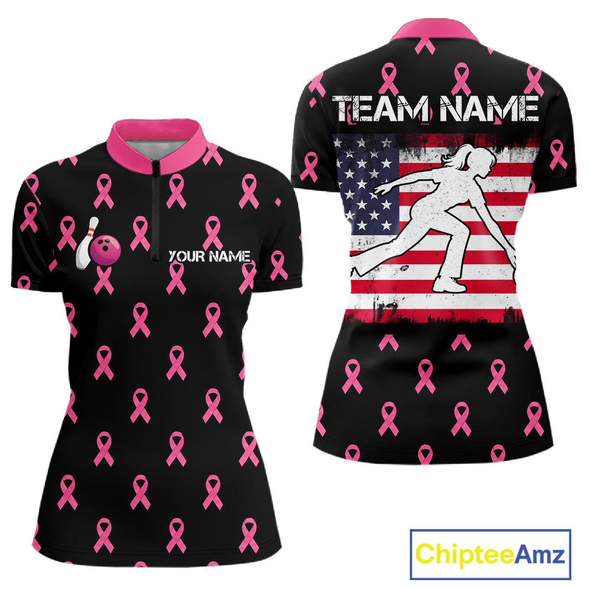 Custom Pink Ribbon Women Bowling Shirt, American Flag Breast Cancer Awareness Polo Gift For Bowler NHT1623