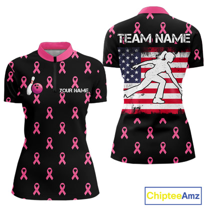 Custom Pink Ribbon Women Bowling Shirt, American Flag Breast Cancer Awareness Polo Gift For Bowler NHT1623