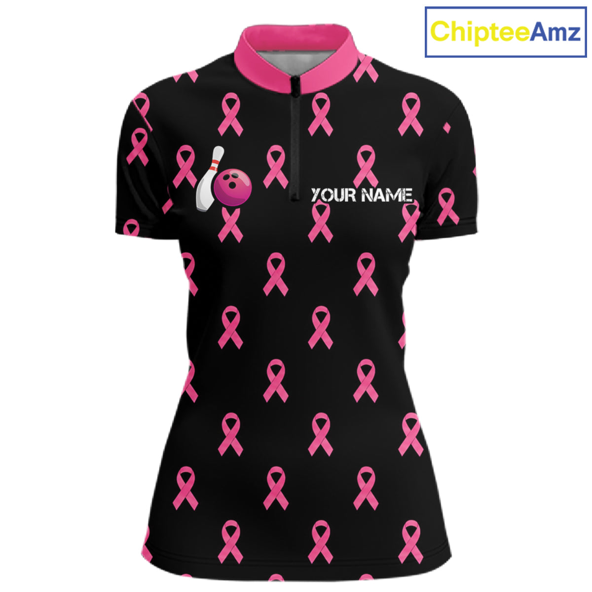 Custom Pink Ribbon Women Bowling Shirt, American Flag Breast Cancer Awareness Polo Gift For Bowler NHT1623