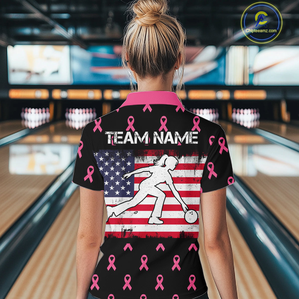 Custom Pink Ribbon Women Bowling Shirt, American Flag Breast Cancer Awareness Polo Gift For Bowler NHT1623