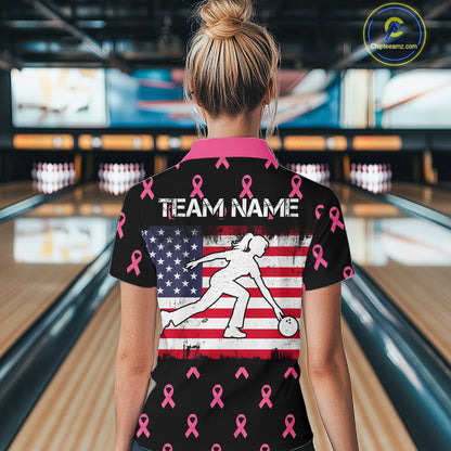 Custom Pink Ribbon Women Bowling Shirt, American Flag Breast Cancer Awareness Polo Gift For Bowler NHT1623