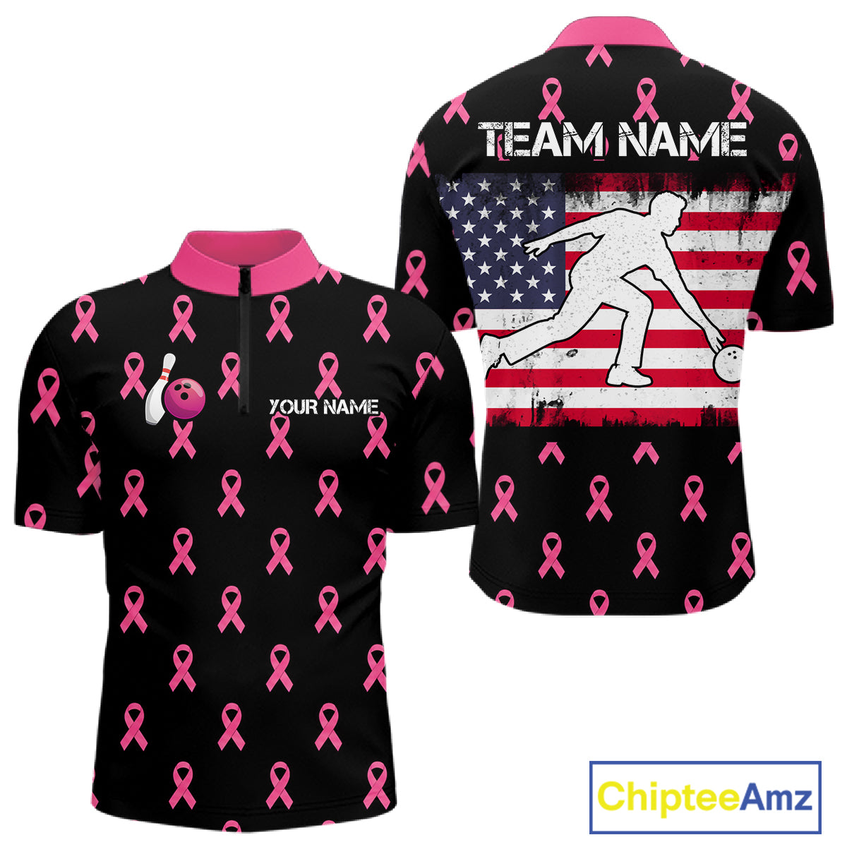 Custom Pink Ribbon Men Bowling Shirt, American Flag Breast Cancer Awareness Polo Gift For Bowler NHT1623