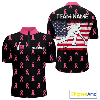 Custom Pink Ribbon Men Bowling Shirt, American Flag Breast Cancer Awareness Polo Gift For Bowler NHT1623