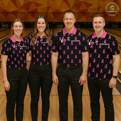 Custom Pink Ribbon Women Bowling Shirt, American Flag Breast Cancer Awareness Polo Gift For Bowler NHT1623