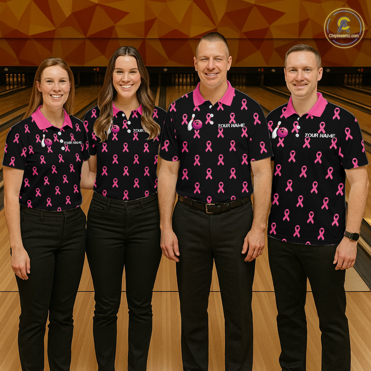 Custom Pink Ribbon Men Bowling Shirt, American Flag Breast Cancer Awareness Polo Gift For Bowler NHT1623
