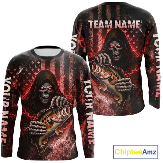 Custom Team Name Grim Reaper Bass Fishing With American Flag - Patriotic Bass Fishing Jersey|Red NHT629