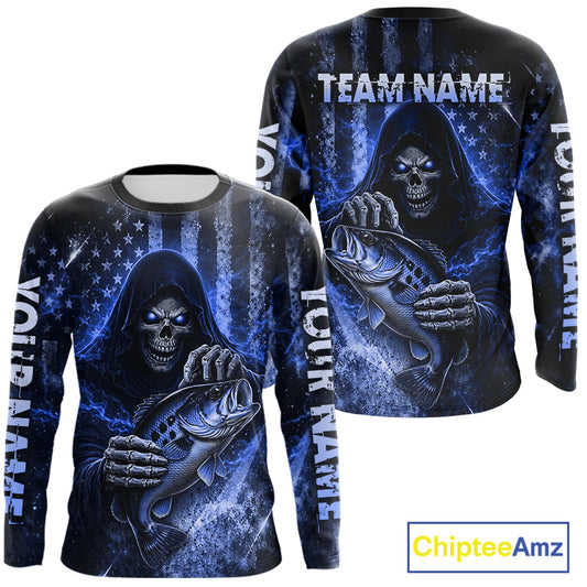 Custom Team Name Grim Reaper Bass Fishing With American Flag - Patriotic Bass Fishing Jersey|Yellow NHT630