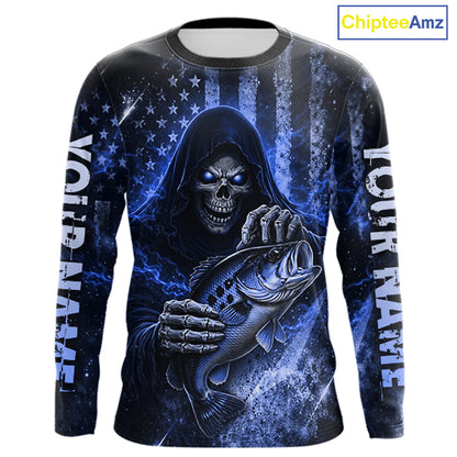 Custom Team Name Grim Reaper Bass Fishing With American Flag - Patriotic Bass Fishing Jersey|Yellow NHT630
