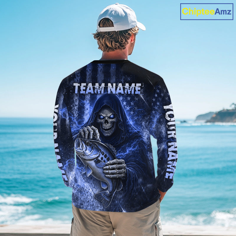 Custom Team Name Grim Reaper Bass Fishing With American Flag - Patriotic Bass Fishing Jersey|Yellow NHT630