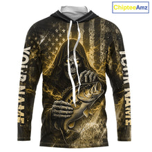 Load image into Gallery viewer, Hooded Custom Team Name Grim Reaper Bass Fishing With American Flag - Patriotic Bass Fishing Jersey|Blue NHT631