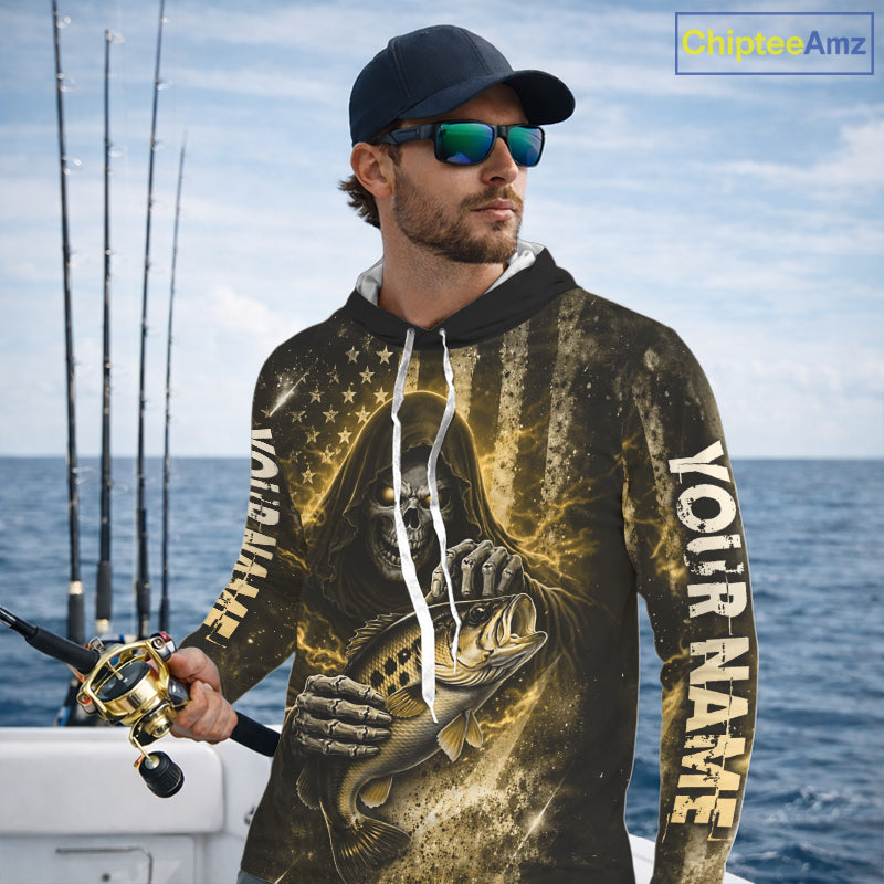 Hooded Custom Team Name Grim Reaper Bass Fishing With American Flag - Patriotic Bass Fishing Jersey|Blue NHT631