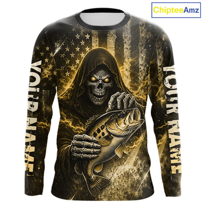 Custom Team Name Grim Reaper Bass Fishing With American Flag - Patriotic Bass Fishing Jersey|Blue NHT631