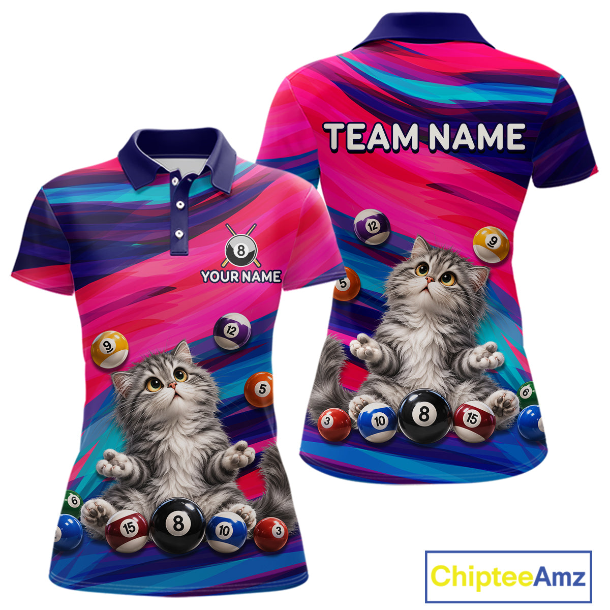 Custom Funny Cat Cute Multi-Ball Billiard Shirts For Women Team Colorful Pool Jersey NHT1632