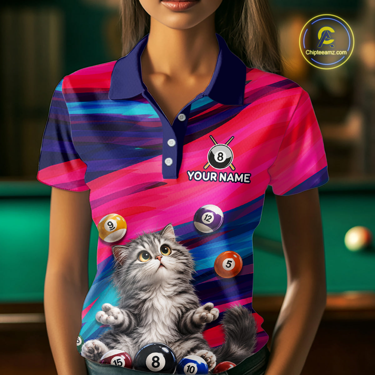 Custom Funny Cat Cute Multi-Ball Billiard Shirts For Women Team Colorful Pool Jersey NHT1632