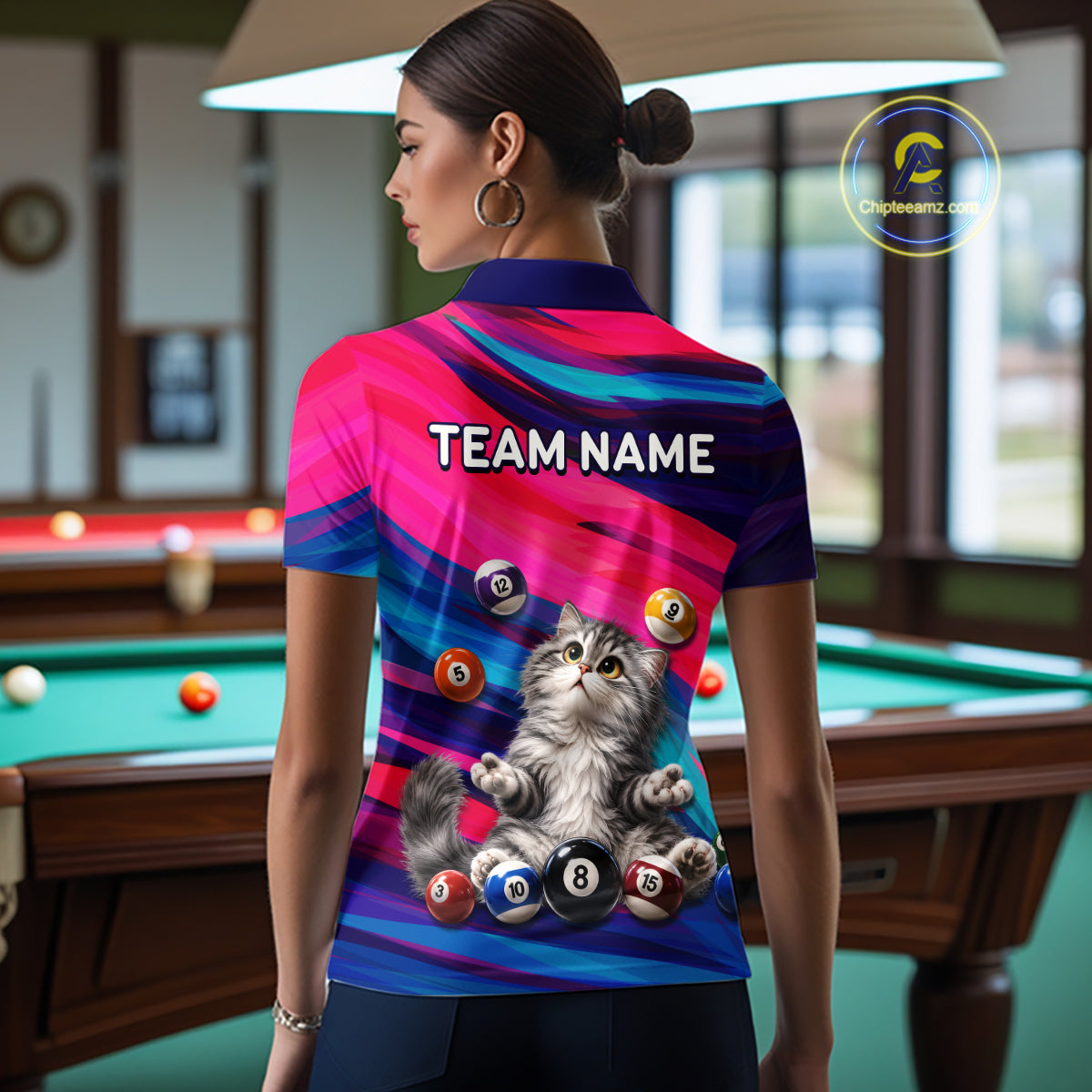 Custom Funny Cat Cute Multi-Ball Billiard Shirts For Women Team Colorful Pool Jersey NHT1632