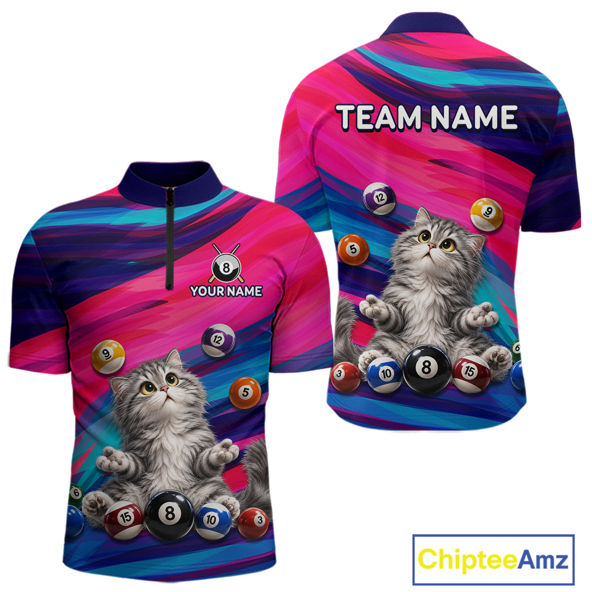 Custom Funny Cat Cute Multi-Ball Billiard Shirts For Men Team Colorful Pool Jersey NHT1632