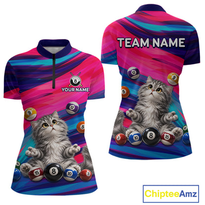 Custom Funny Cat Cute Multi-Ball Billiard Shirts For Women Team Colorful Pool Jersey NHT1632