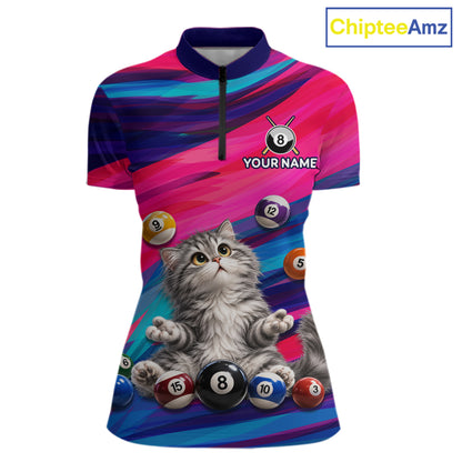 Custom Funny Cat Cute Multi-Ball Billiard Shirts For Women Team Colorful Pool Jersey NHT1632