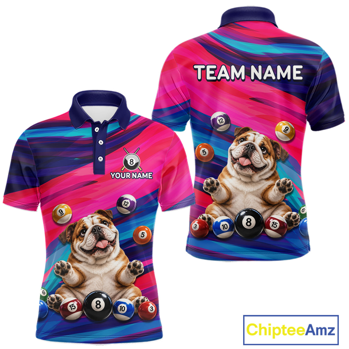 Custom Funny Bulldog Cute Multi-Ball Billiard Shirts For Men Team Colorful Pool Jersey NHT1633