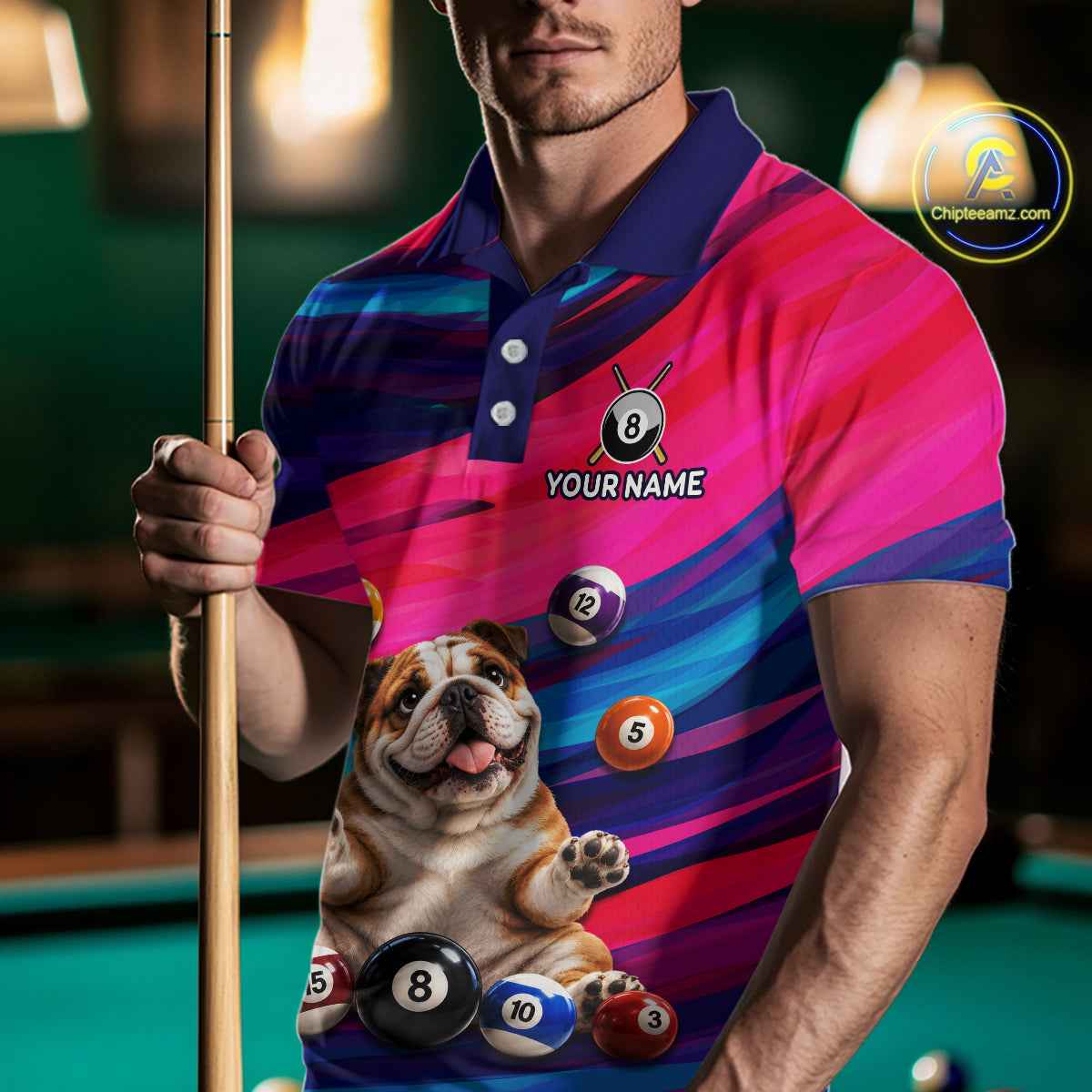 Custom Funny Bulldog Cute Multi-Ball Billiard Shirts For Men Team Colorful Pool Jersey NHT1633