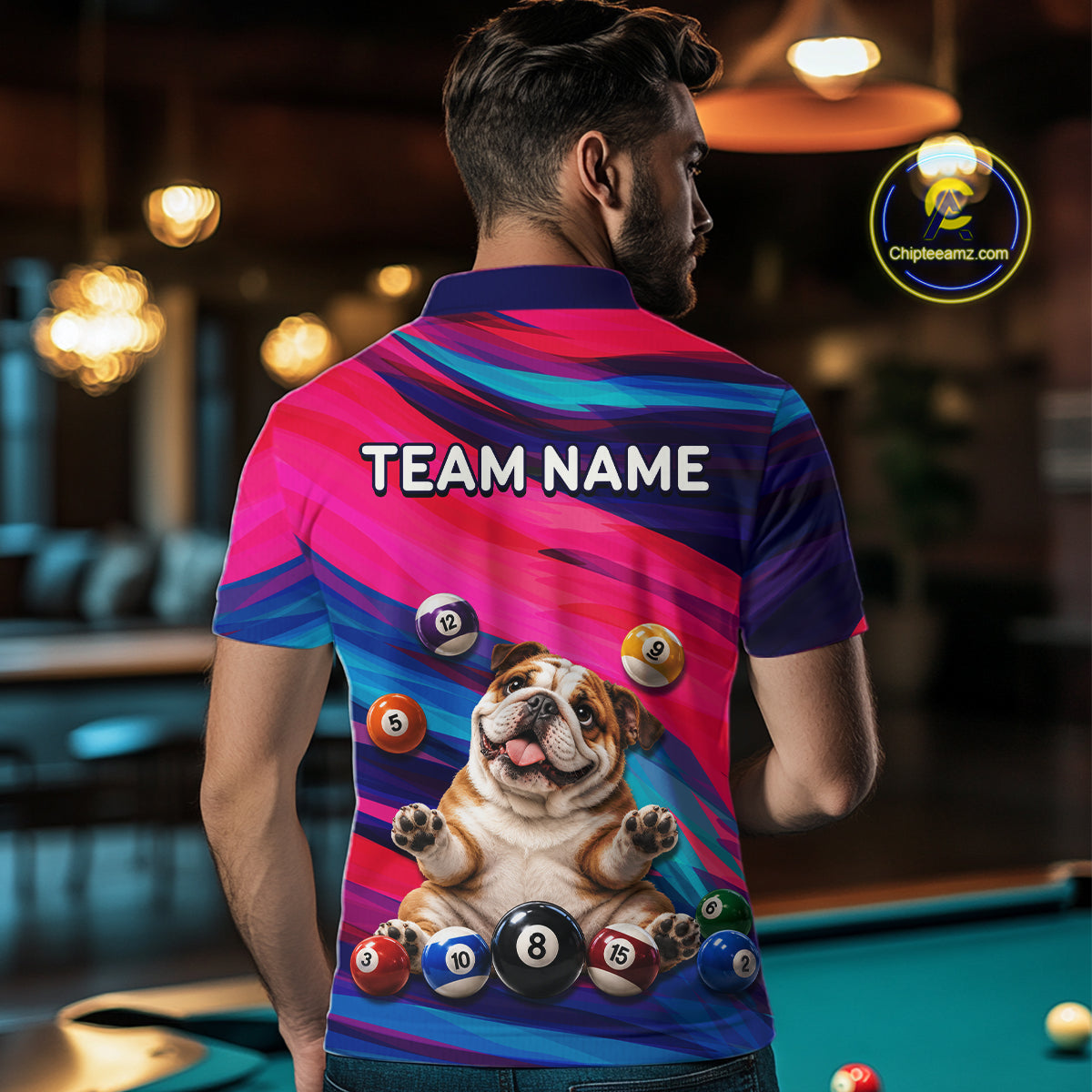 Custom Funny Bulldog Cute Multi-Ball Billiard Shirts For Men Team Colorful Pool Jersey NHT1633