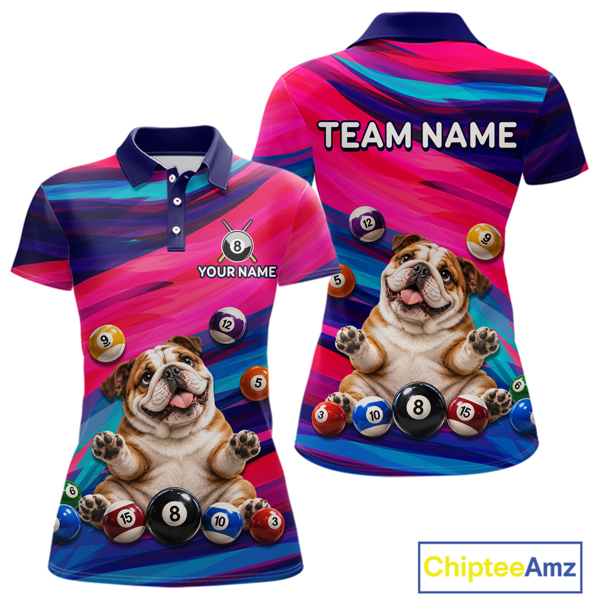 Custom Funny Bulldog Cute Multi-Ball Billiard Shirts For Women Team Colorful Pool Jersey NHT1633