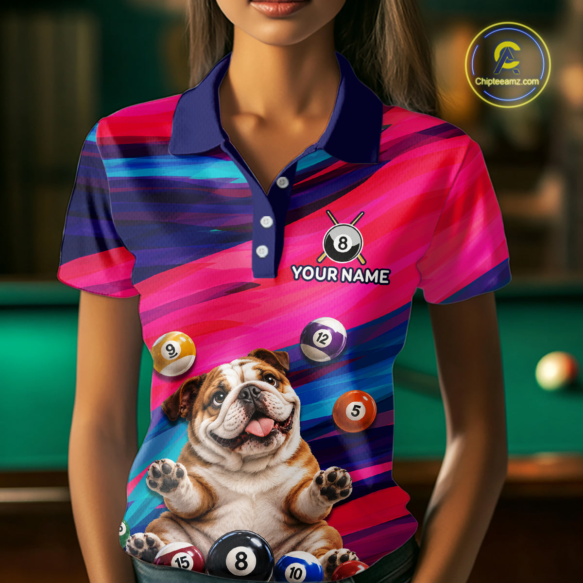 Custom Funny Bulldog Cute Multi-Ball Billiard Shirts For Women Team Colorful Pool Jersey NHT1633