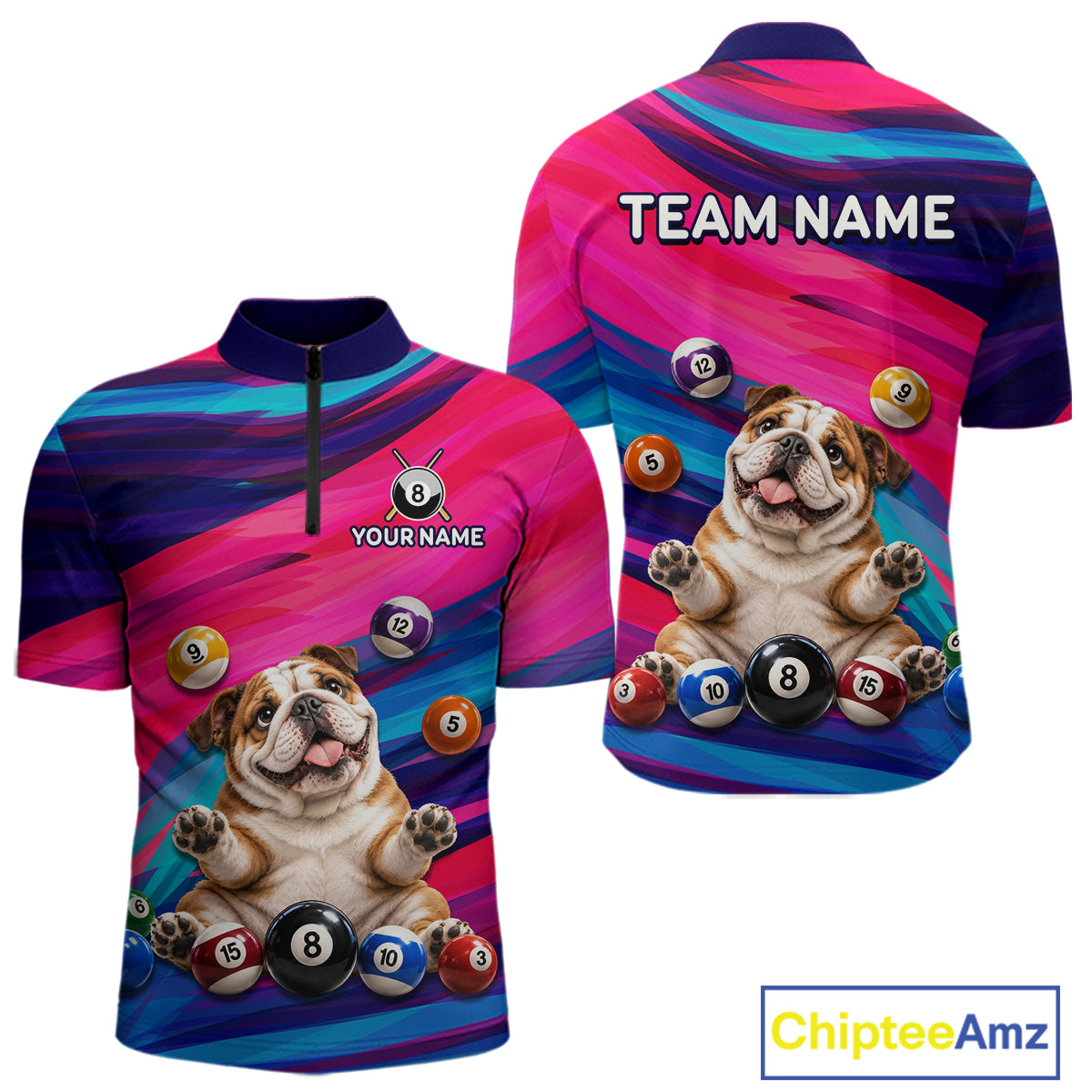 Custom Funny Bulldog Cute Multi-Ball Billiard Shirts For Men Team Colorful Pool Jersey NHT1633
