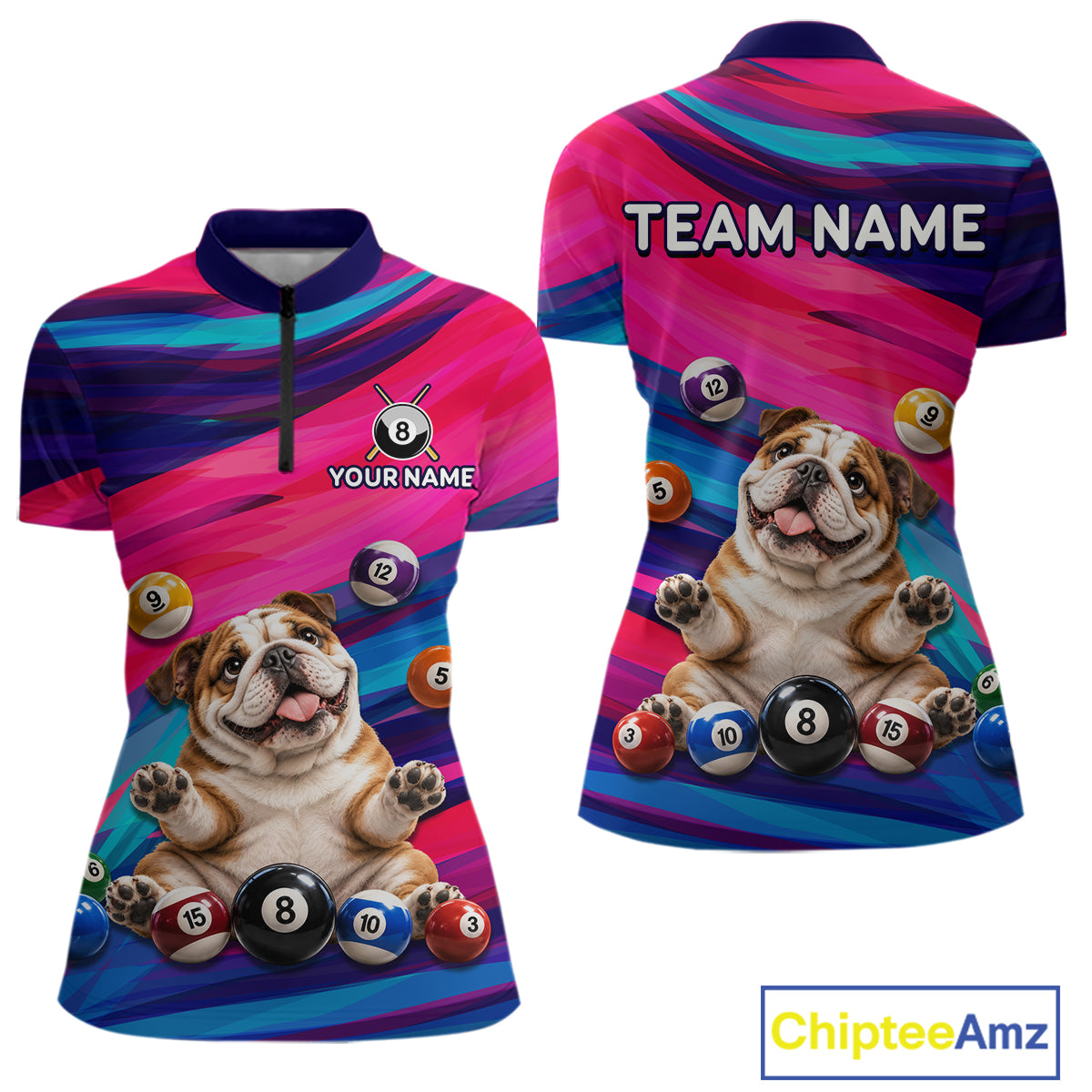 Custom Funny Bulldog Cute Multi-Ball Billiard Shirts For Women Team Colorful Pool Jersey NHT1633