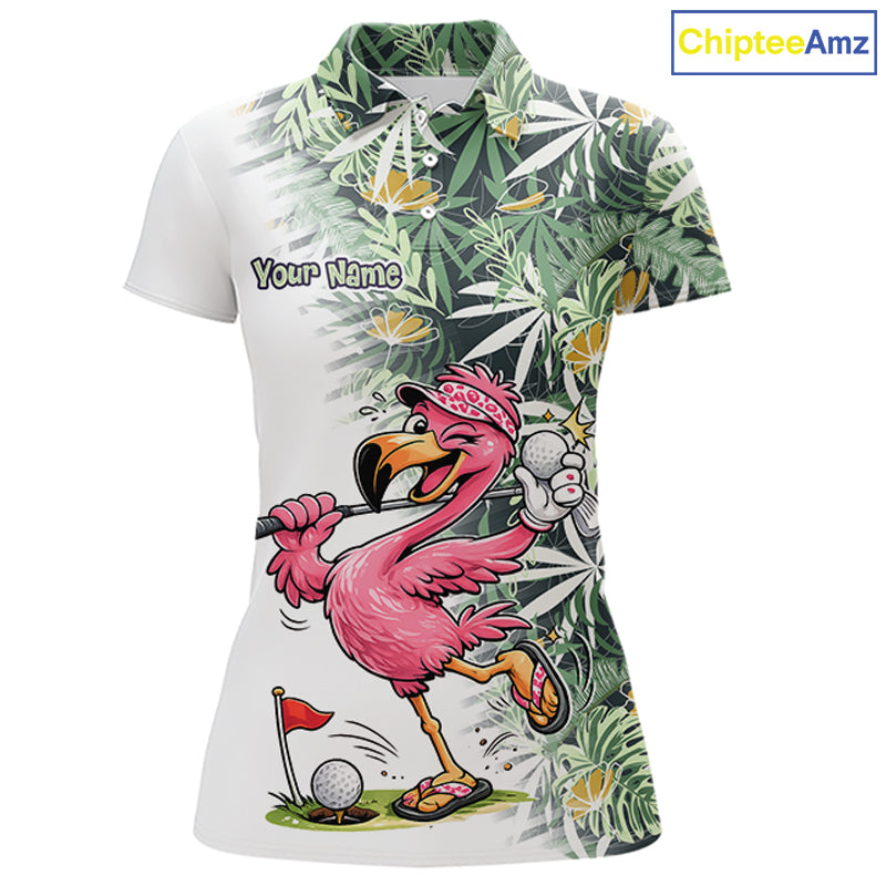 Funny Pink Flamingo Green Tropical Pattern Golf Polo Shirt Custom Golf Shirts For Womens NHT648