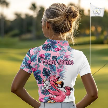 Funny Pink Flamingo Tropical With Pattern Flamingo Golf Polo Shirt Custom Golf Shirts For Womens NHT649