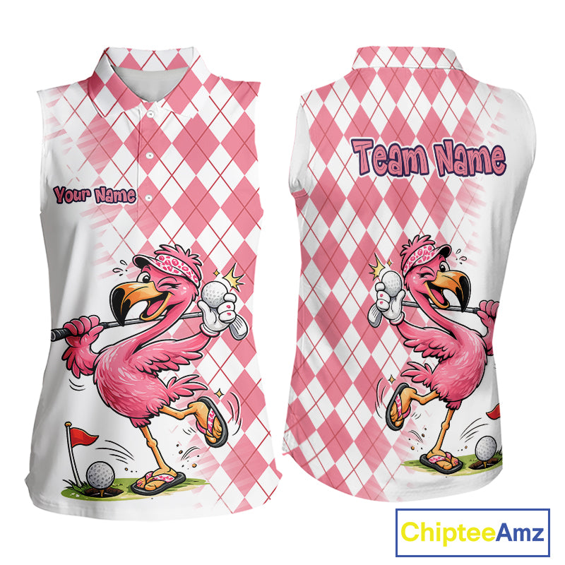 Funny Pink Flamingo Argyle Pink Pattern Sleeveless Womens Golf Polo Shirt Custom Golf Shirts For Womens NHT650
