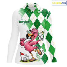 Load image into Gallery viewer, Funny Pink Flamingo Argyle Green Pattern Golf Polo Shirt Custom Golf Shirts For Womens NHT651