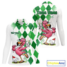 Load image into Gallery viewer, Funny Pink Flamingo Argyle Green Pattern Golf Polo Shirt Custom Golf Shirts For Womens NHT651