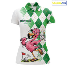 Load image into Gallery viewer, Funny Pink Flamingo Argyle Green Pattern Golf Polo Shirt Custom Golf Shirts For Womens NHT651