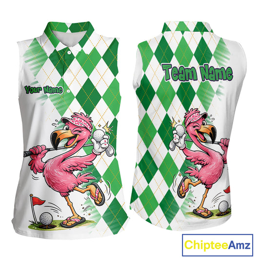 Funny Pink Flamingo Argyle Green Pattern Sleeveless Womens Golf Polo Shirt Custom Golf Shirts For Womens NHT651