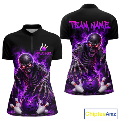 Black short-sleeve bowling-themed polo shirt shown from the front and back, featuring a large purple and black zombie bowling graphic with red eyes, bowling balls, pins, and customizable text areas. A ChipteeAmz logo appears in the bottom right corner.