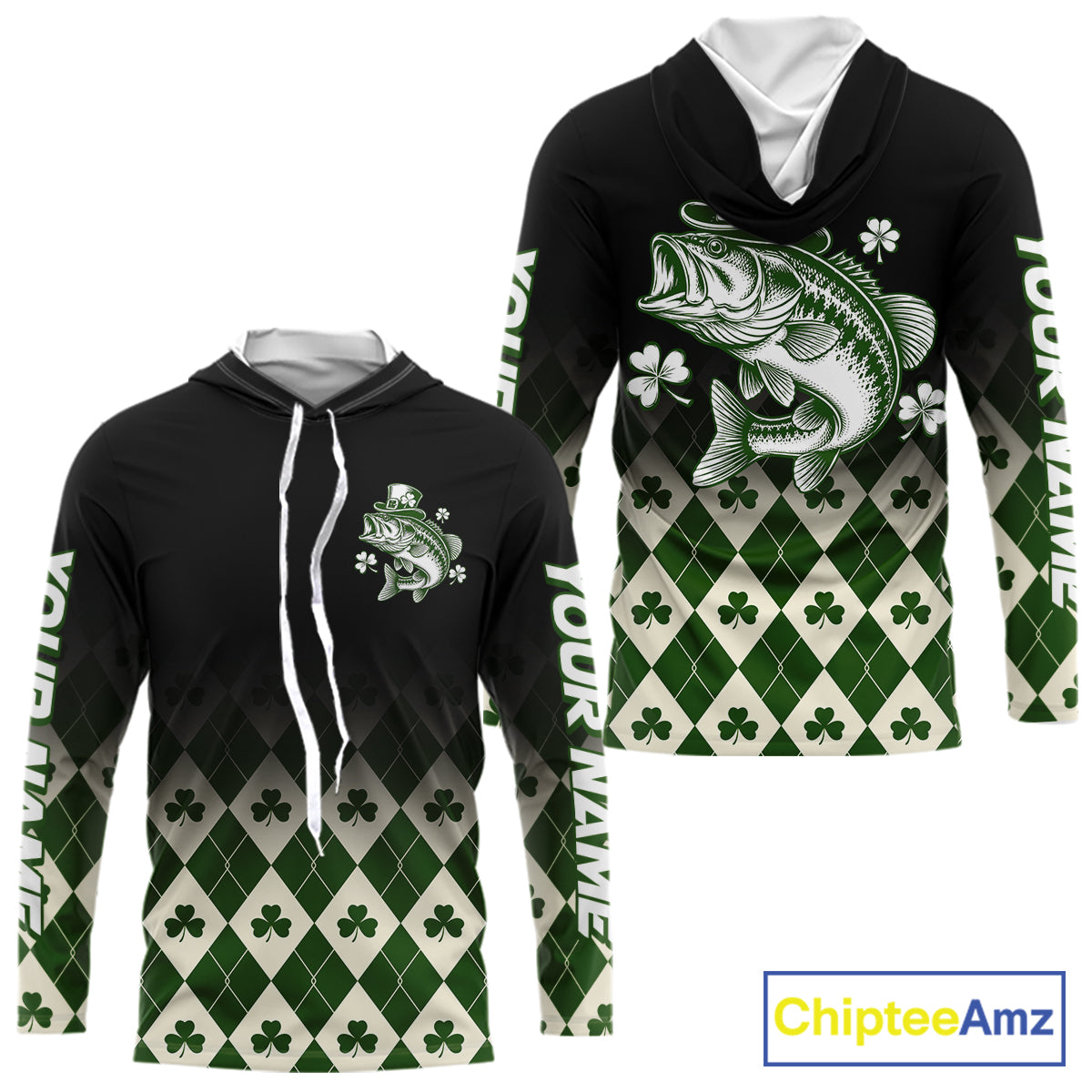 St. Patrick’S Day Bass Fishing Shirt, Shamrock Argyle Hooded Long Sleeve Shirt For Anglers NHT1484