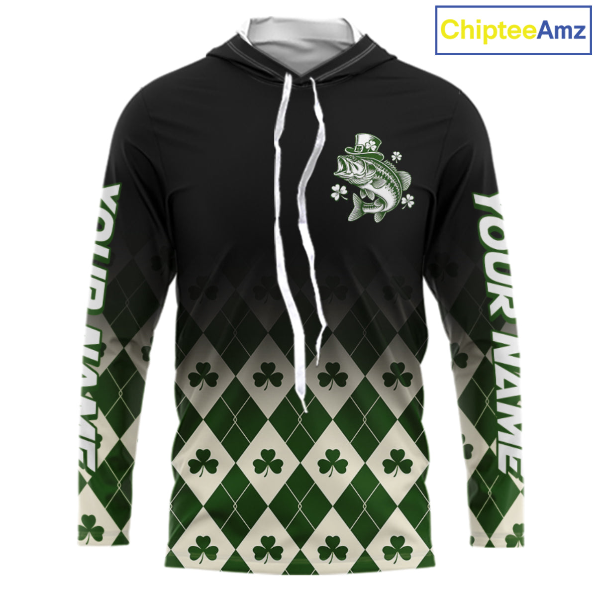 St. Patrick’S Day Bass Fishing Shirt, Shamrock Argyle Hooded Long Sleeve Shirt For Anglers NHT1484