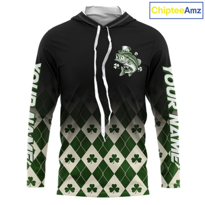 St. Patrick’S Day Bass Fishing Shirt, Shamrock Argyle Hooded Long Sleeve Shirt For Anglers NHT1484