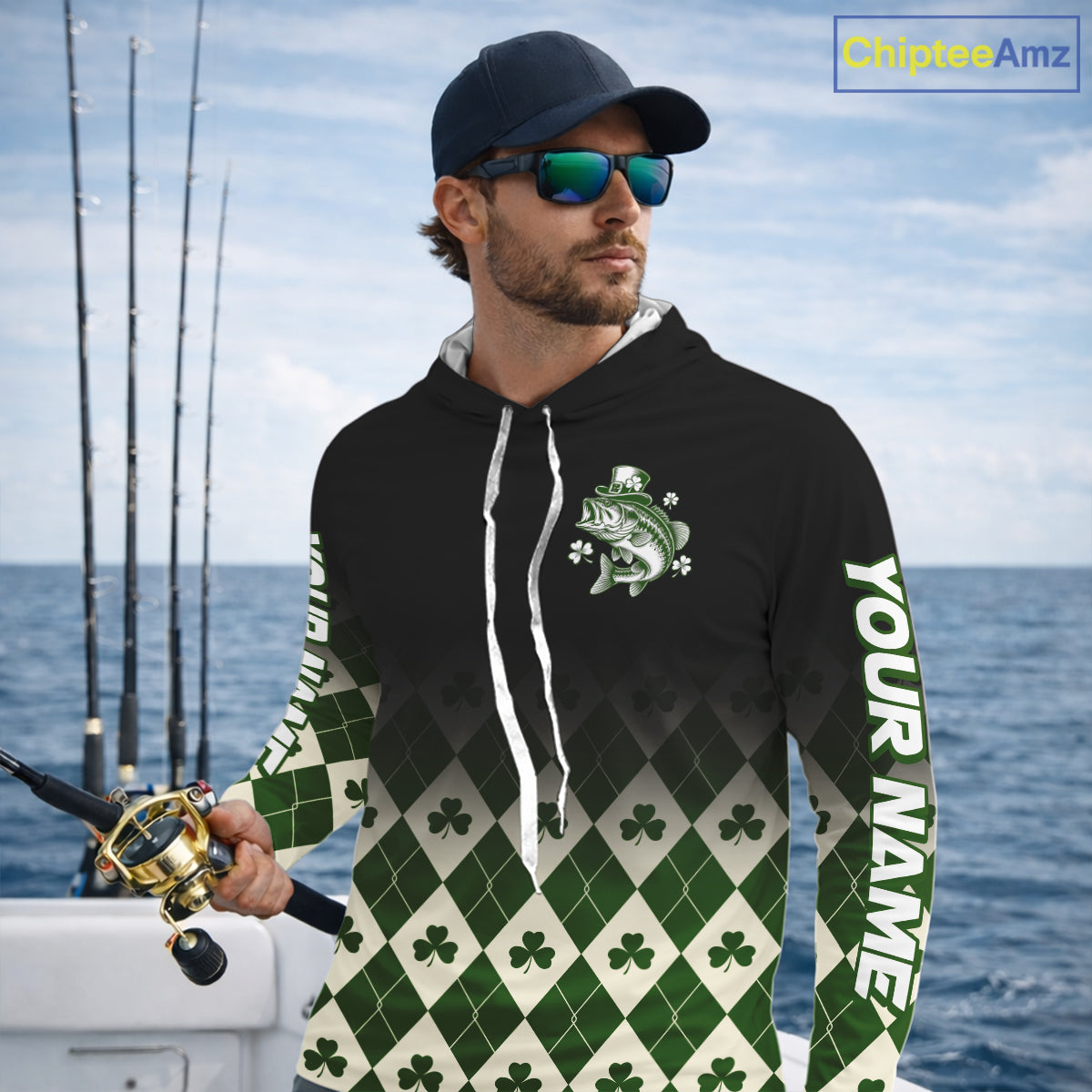 St. Patrick’S Day Bass Fishing Shirt, Shamrock Argyle Hooded Long Sleeve Shirt For Anglers NHT1484