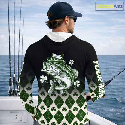 St. Patrick’S Day Bass Fishing Shirt, Shamrock Argyle Hooded Long Sleeve Shirt For Anglers NHT1484